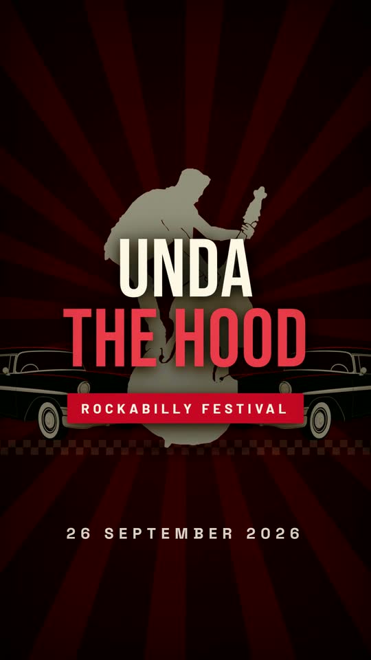 Reel for the Unda the Hood rockabilly festival: the title over a red sunburst with a silhouetted guitarist