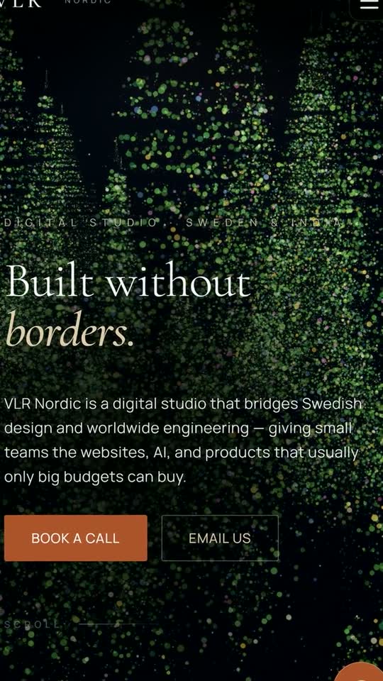 Launch reel for vlrnordic.com: the site's headline 'Built without borders' over a particle forest