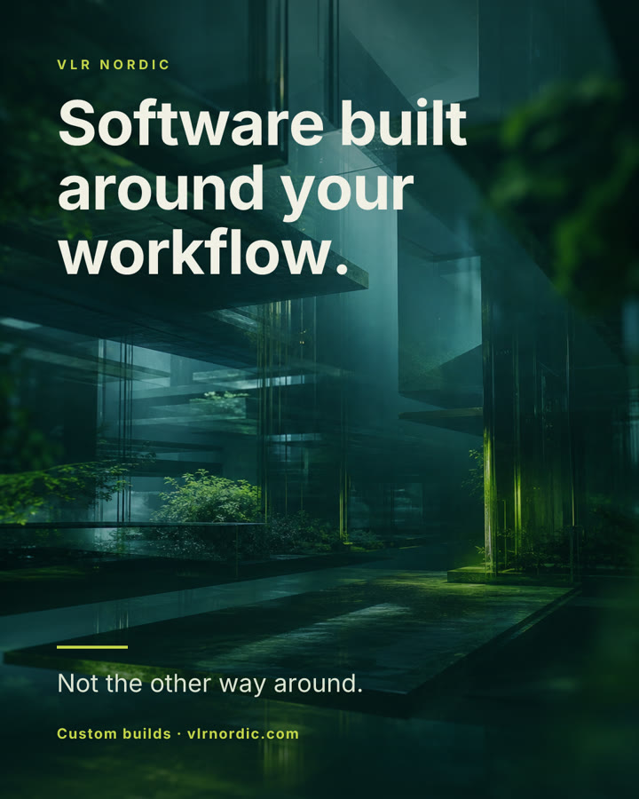 Post designed by Postvik: a moody architectural photo with the line 'Software built around your workflow'