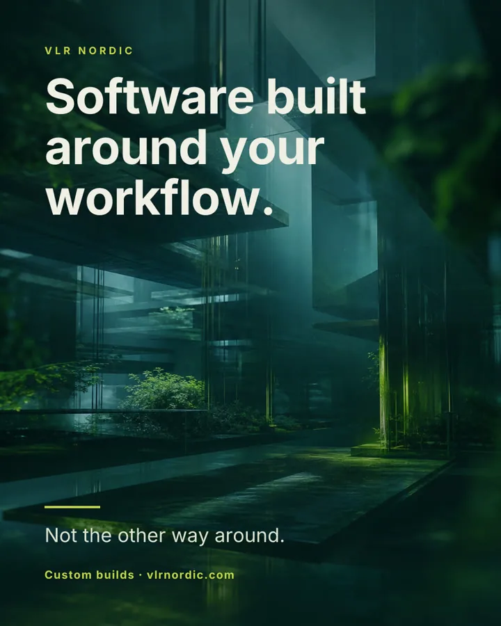 Post designed by Postvik: a moody architectural photo with the line 'Software built around your workflow'